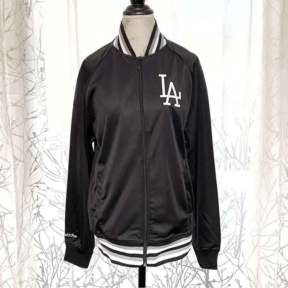Mitchell & Ness LA black satin white gray stripe zip zipper bomber jacket coat - Picture 1 of 11